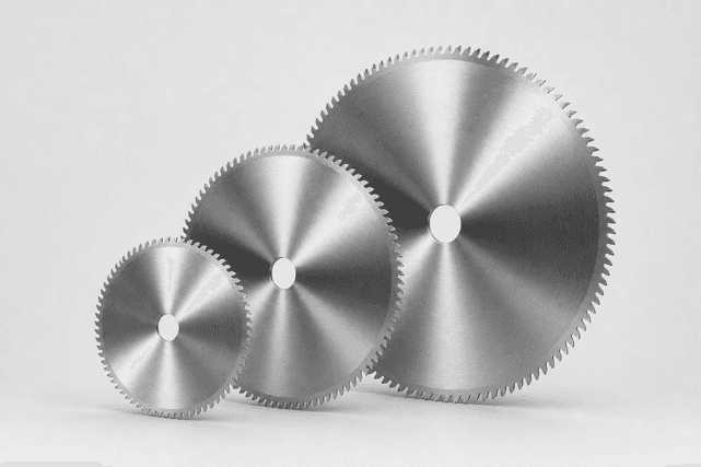 Three Extrutec circular saw blades of increasing diameter.