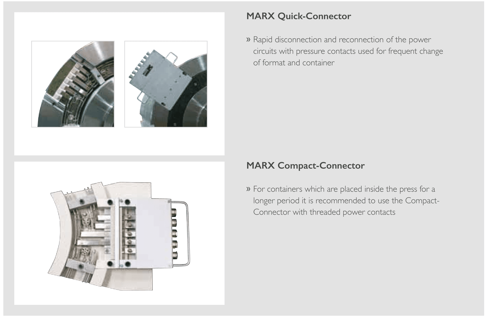 MARX Quick-Connector and Compact-Connector power connection systems.