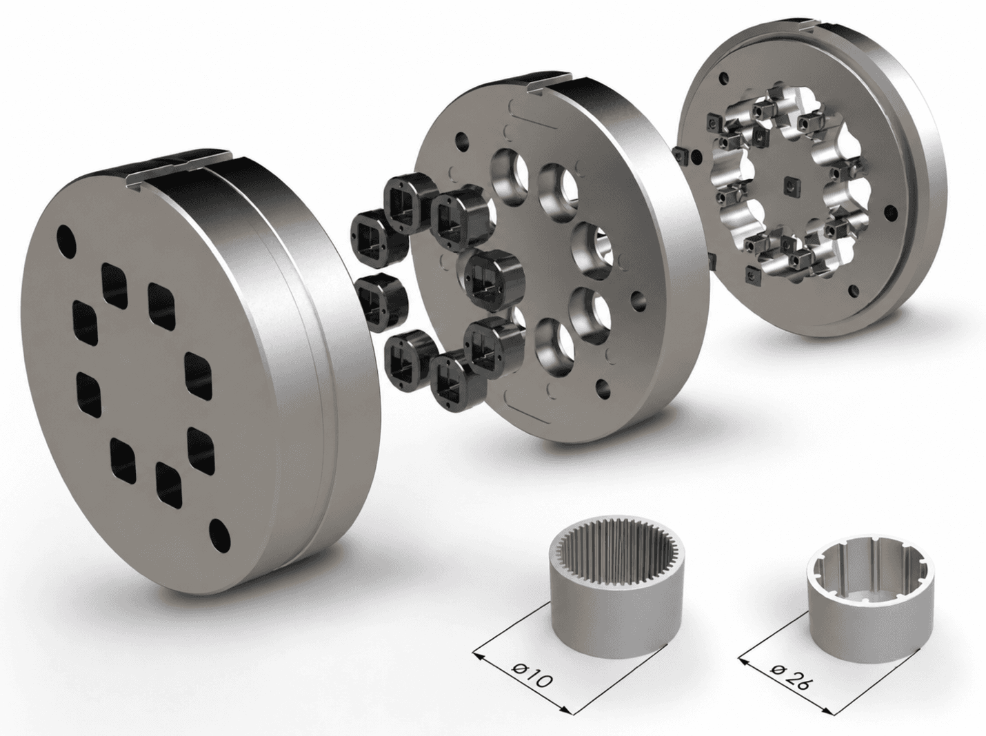 Exploded view of a WEFA extrusion die set with coated inserts and sample hollow profiles.